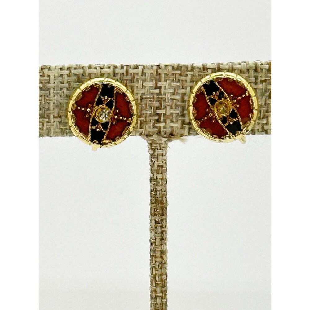 Vintage Etruscan Revival Gold Tone Enamel Clip On Earrings Orange Black